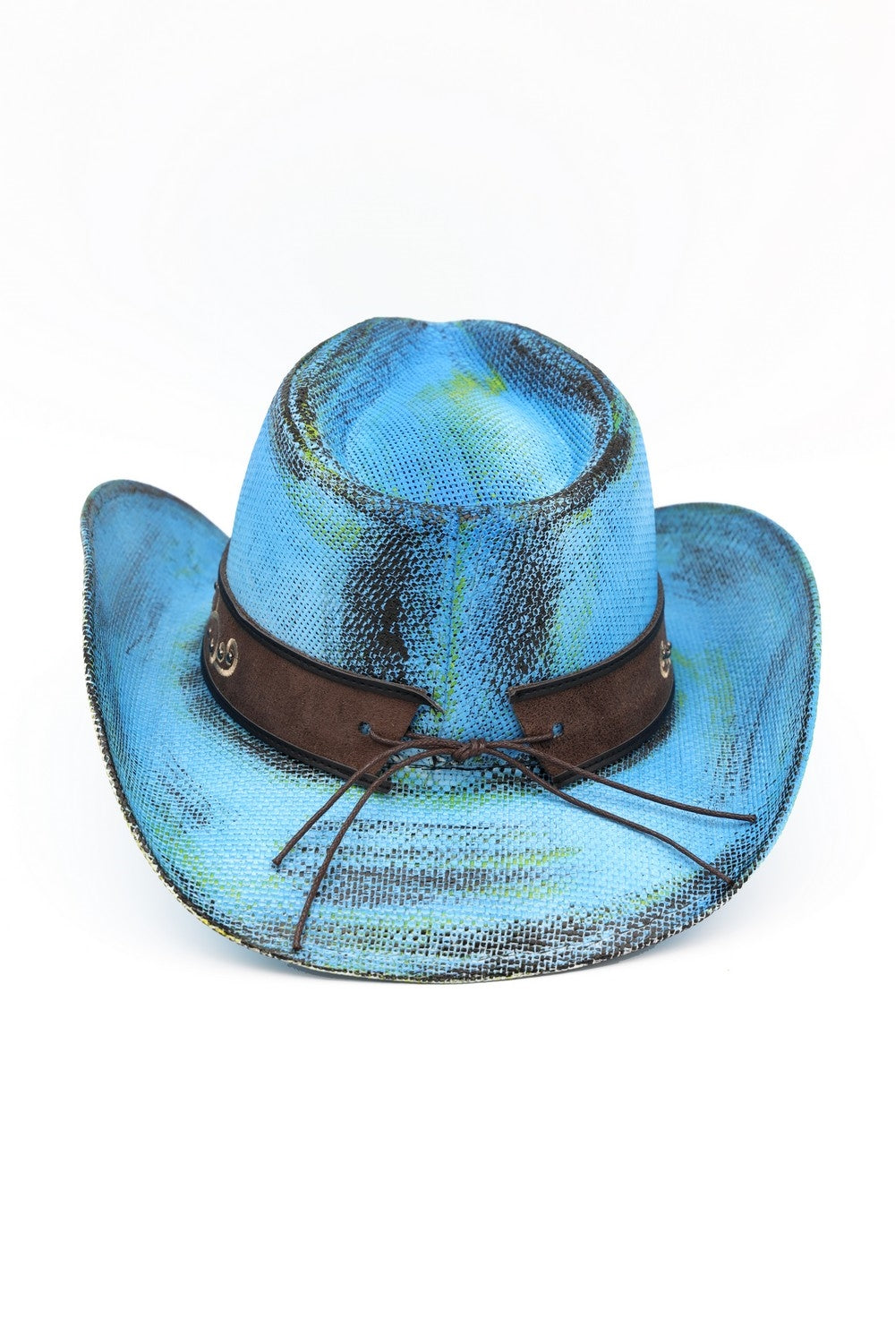 Antique Wash Straw Cowboy Hat With Ornate Oval Buckle Faux Leather Band