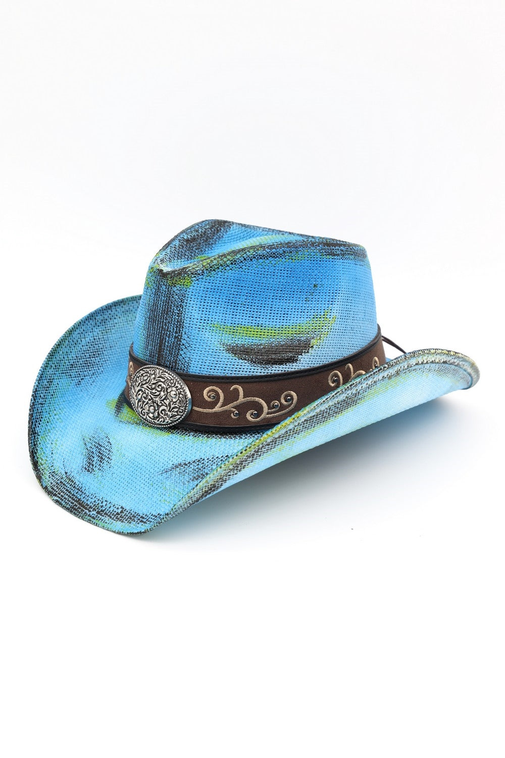 Antique Wash Straw Cowboy Hat With Ornate Oval Buckle Faux Leather Band