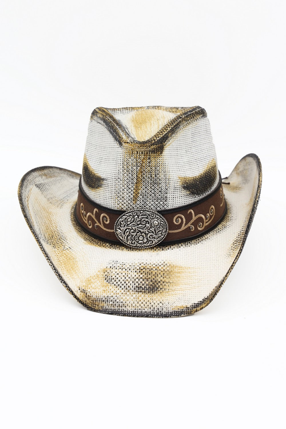 Antique Wash Straw Cowboy Hat With Ornate Oval Buckle Faux Leather Band