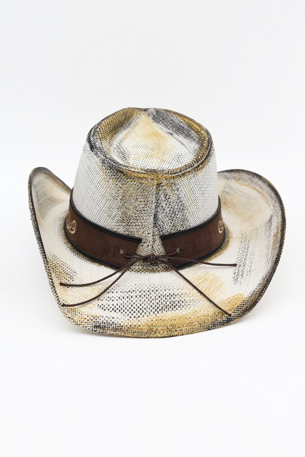 Antique Wash Straw Cowboy Hat With Ornate Oval Buckle Faux Leather Band