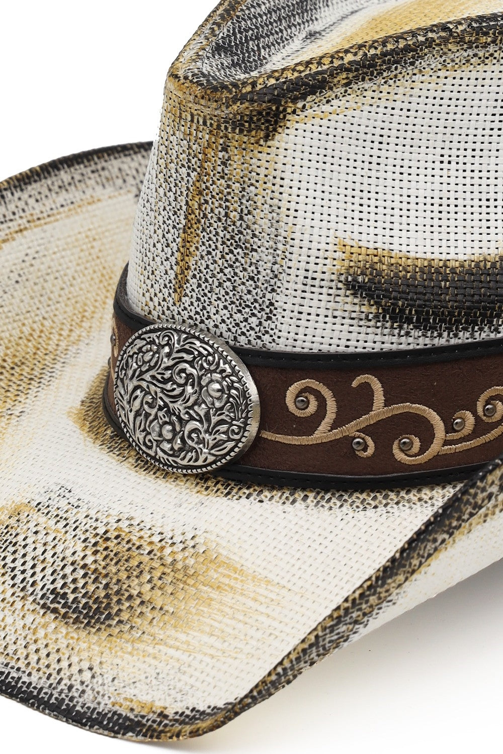 Antique Wash Straw Cowboy Hat With Ornate Oval Buckle Faux Leather Band
