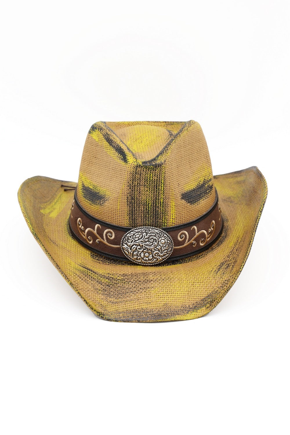 Antique Wash Straw Cowboy Hat With Ornate Oval Buckle Faux Leather Band