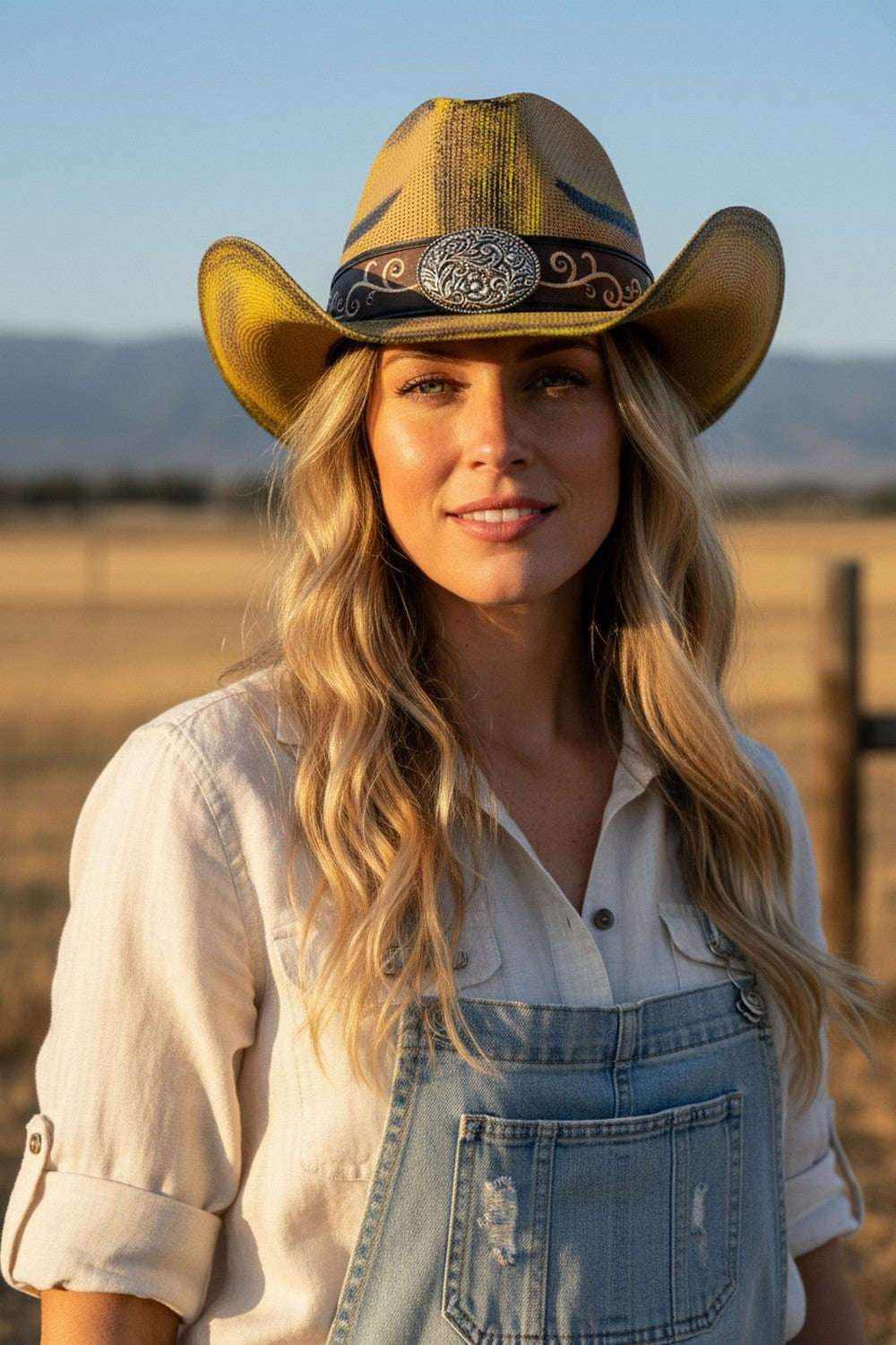 Antique Wash Straw Cowboy Hat With Ornate Oval Buckle Faux Leather Band