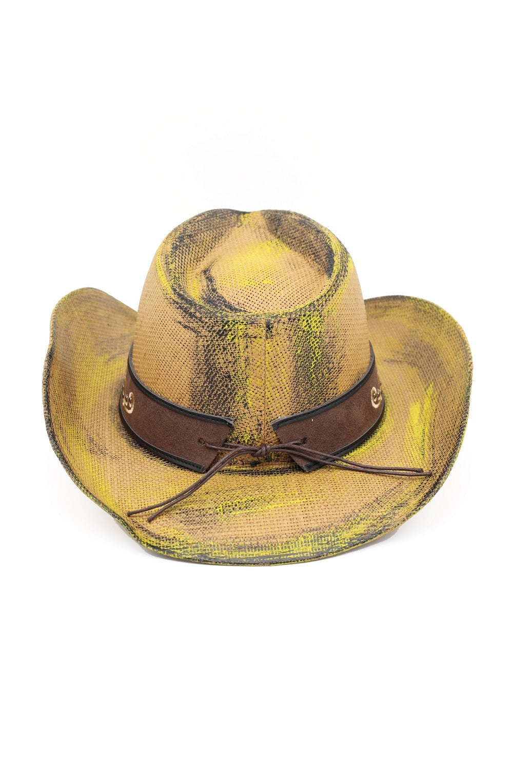 Antique Wash Straw Cowboy Hat With Ornate Oval Buckle Faux Leather Band