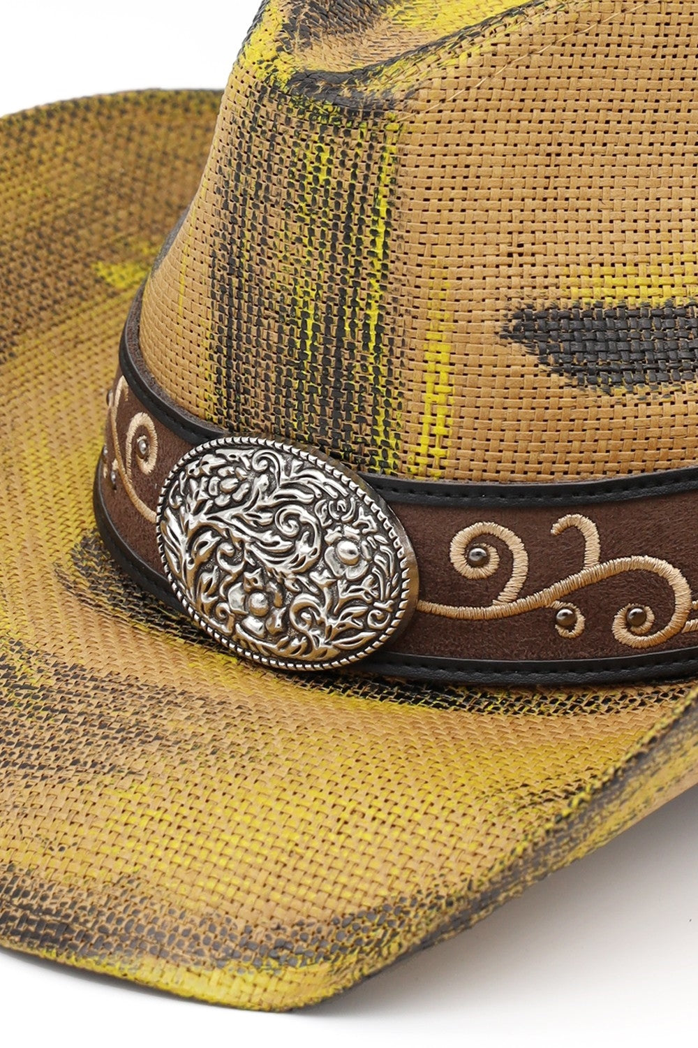 Antique Wash Straw Cowboy Hat With Ornate Oval Buckle Faux Leather Band