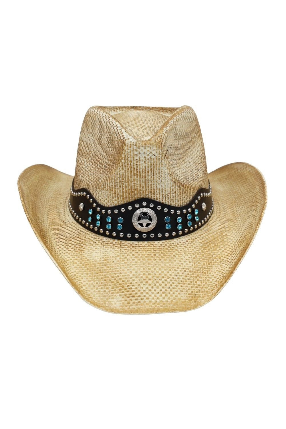 Rustic Straw Cowboy Hat With Silver And Turquoise Studs Faux Leather Band