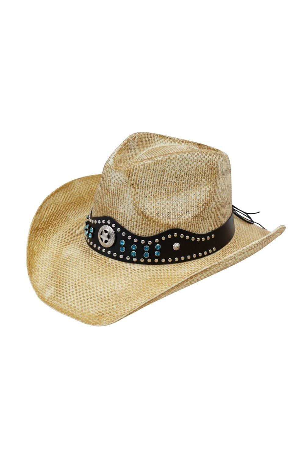 Rustic Straw Cowboy Hat With Silver And Turquoise Studs Faux Leather Band
