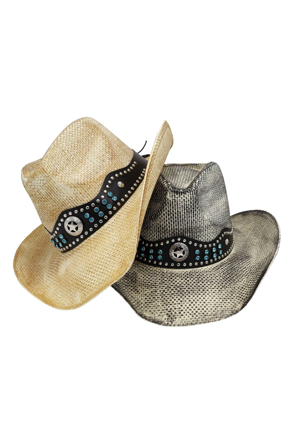Rustic Straw Cowboy Hat With Silver And Turquoise Studs Faux Leather Band