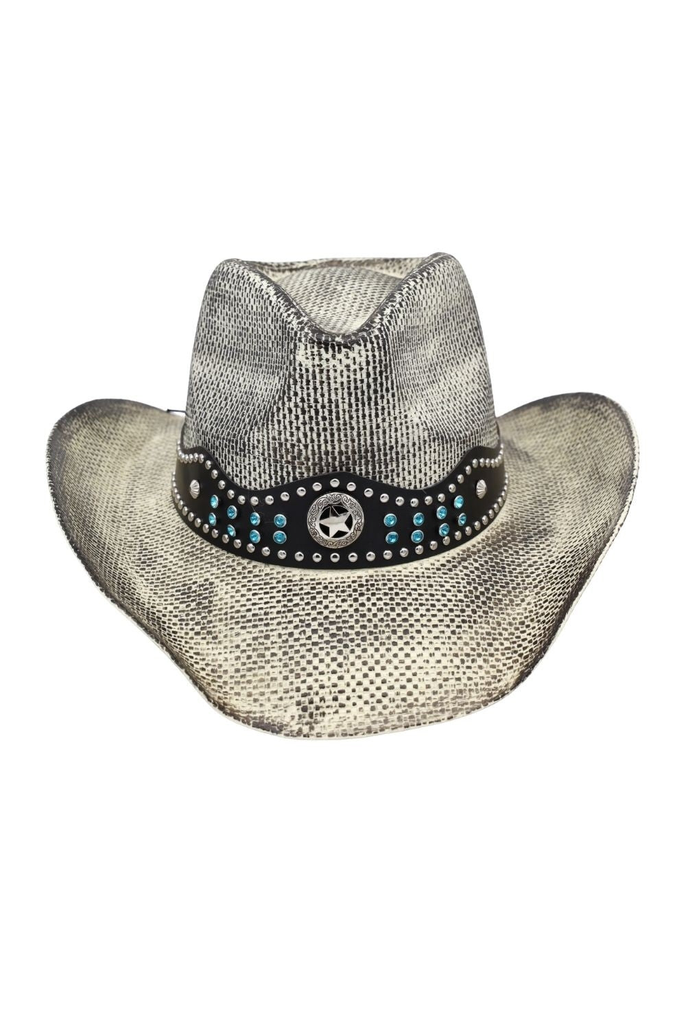 Rustic Straw Cowboy Hat With Silver And Turquoise Studs Faux Leather Band