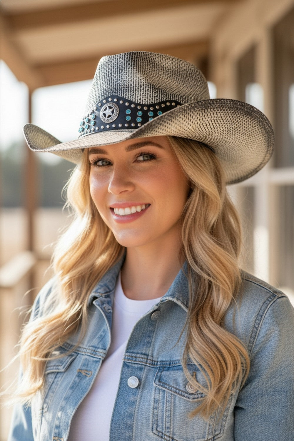Rustic Straw Cowboy Hat With Silver And Turquoise Studs Faux Leather Band