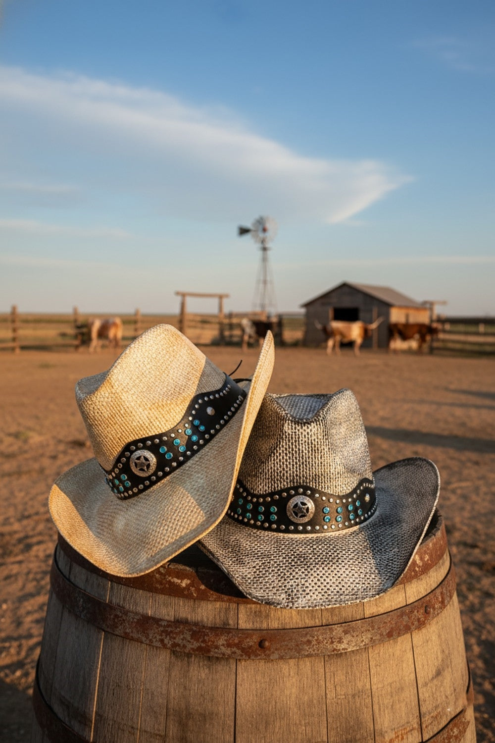Rustic Straw Cowboy Hat With Silver And Turquoise Studs Faux Leather Band