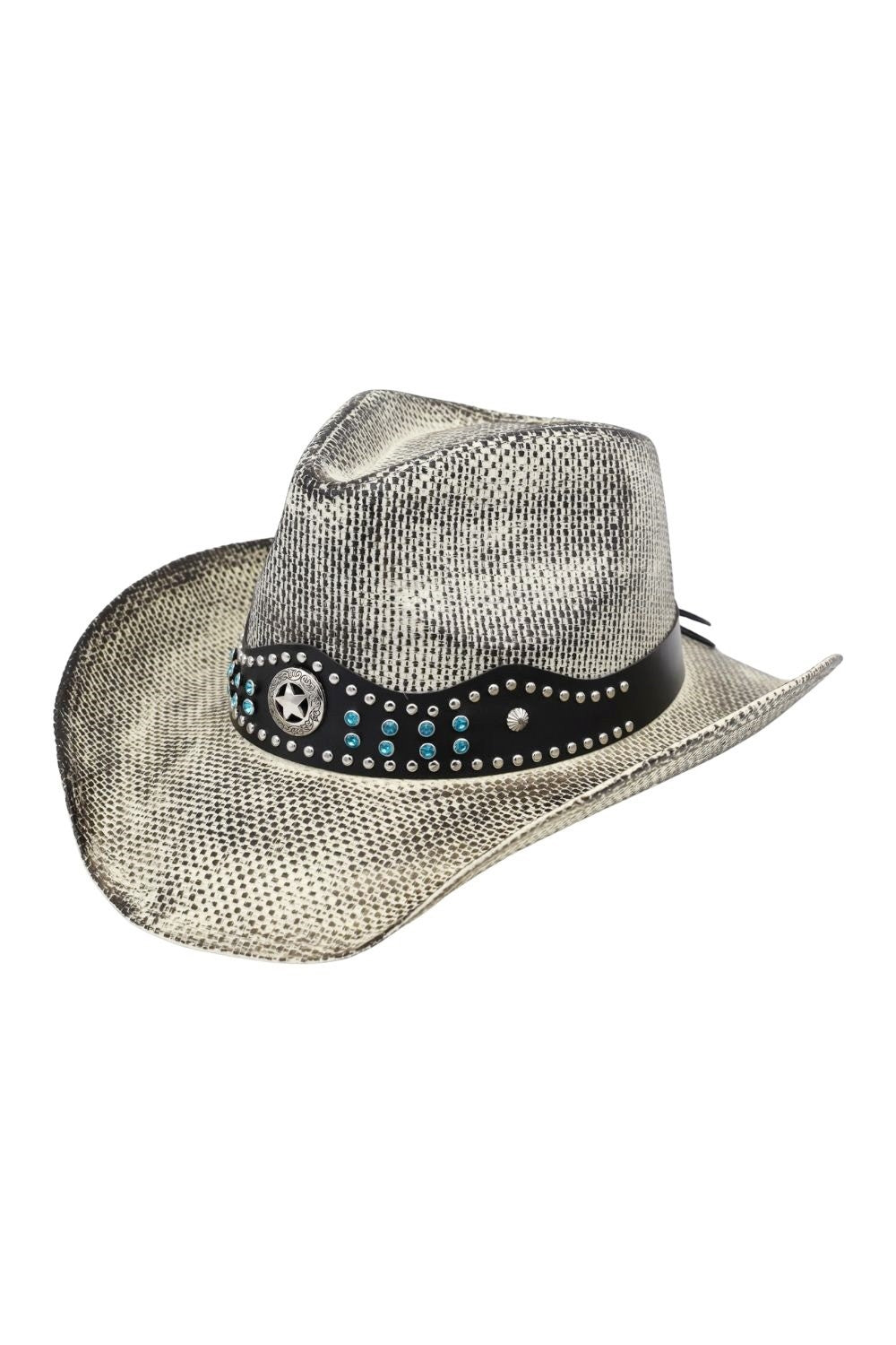 Rustic Straw Cowboy Hat With Silver And Turquoise Studs Faux Leather Band