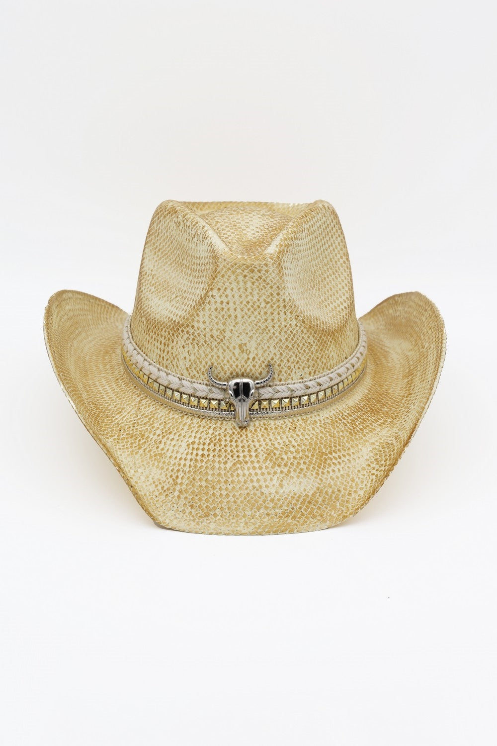 Handmade Vintage Cowboy Hat With Silver Bull Head And Multiple Bands