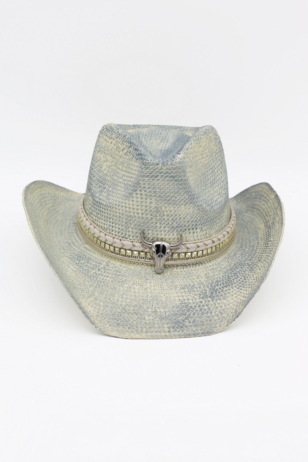 Handmade Vintage Cowboy Hat With Silver Bull Head And Multiple Bands