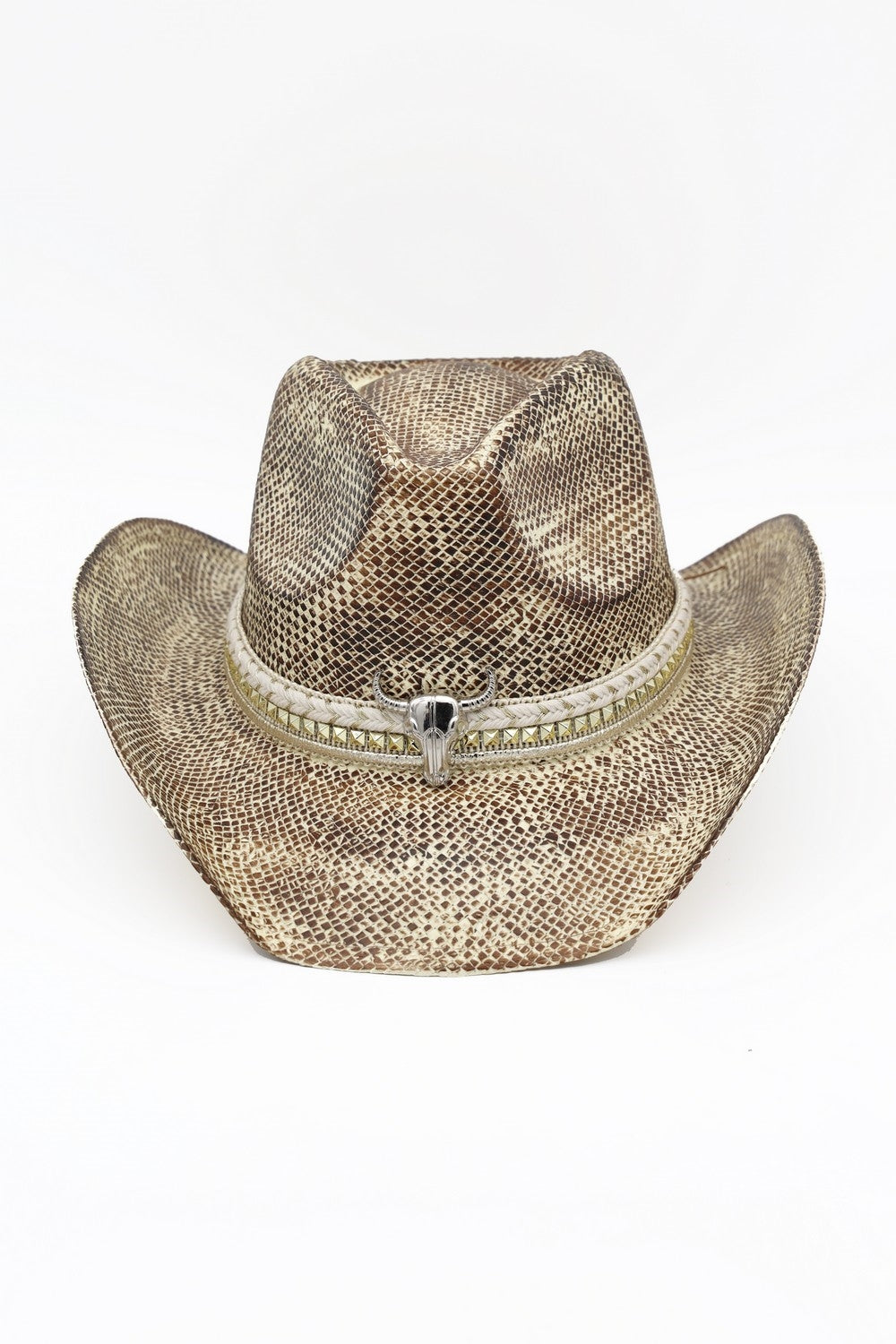 Handmade Vintage Cowboy Hat With Silver Bull Head And Multiple Bands