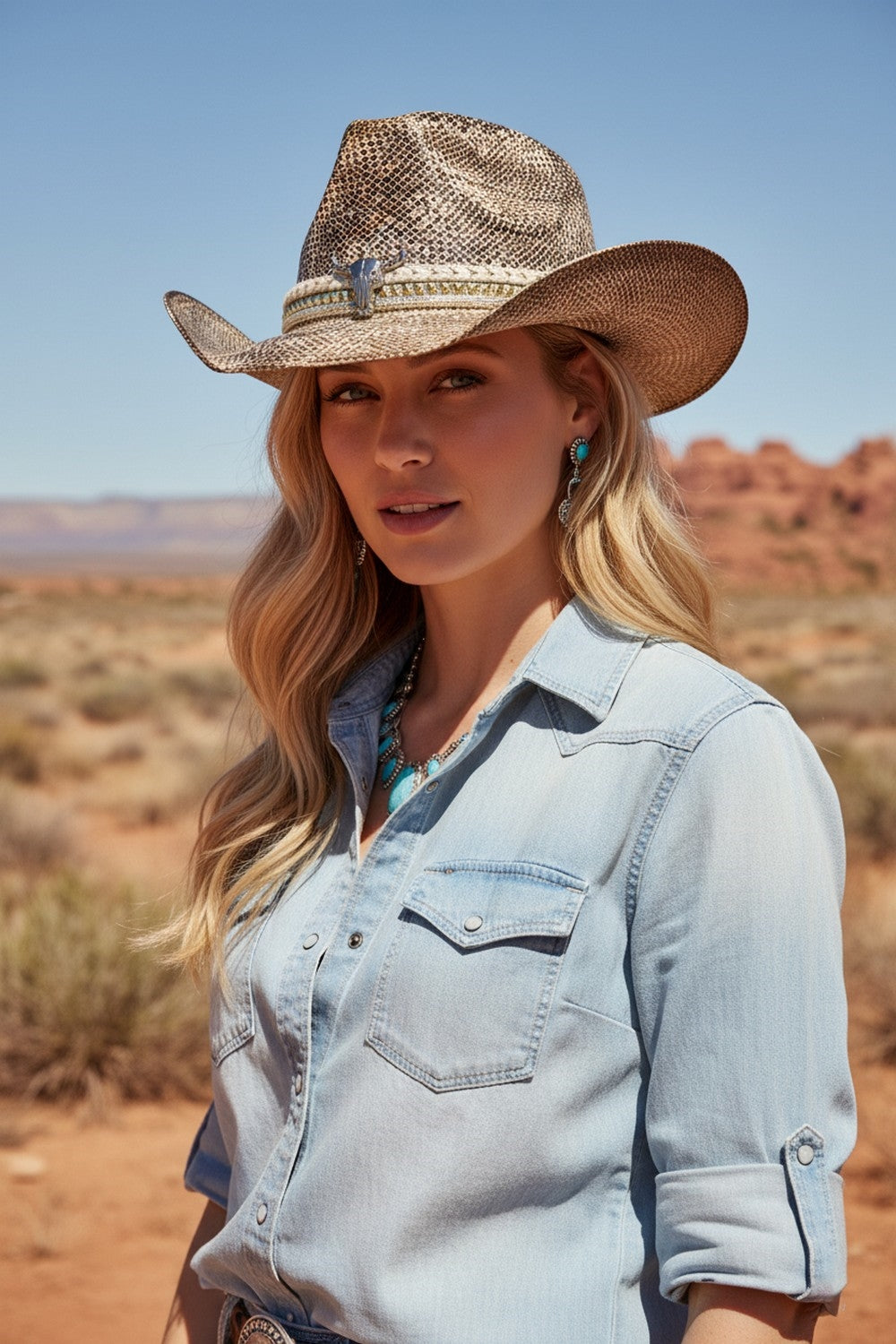 Handmade Vintage Cowboy Hat With Silver Bull Head And Multiple Bands