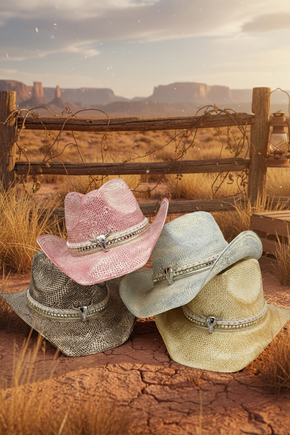 Handmade Vintage Cowboy Hat With Silver Bull Head And Multiple Bands