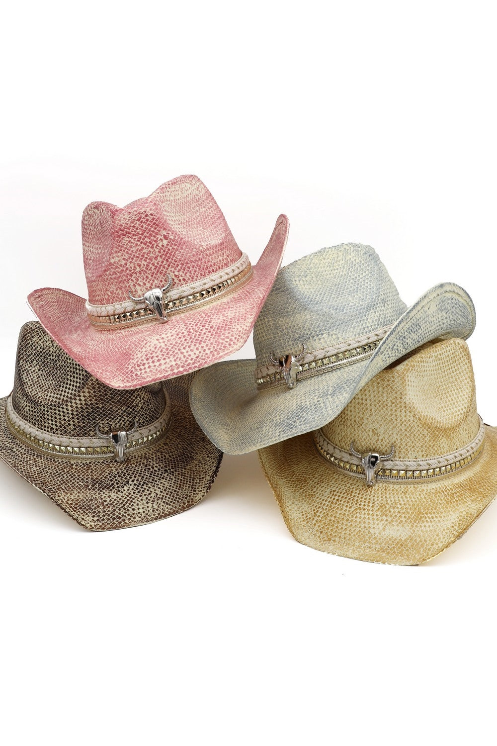 Handmade Vintage Cowboy Hat With Silver Bull Head And Multiple Bands