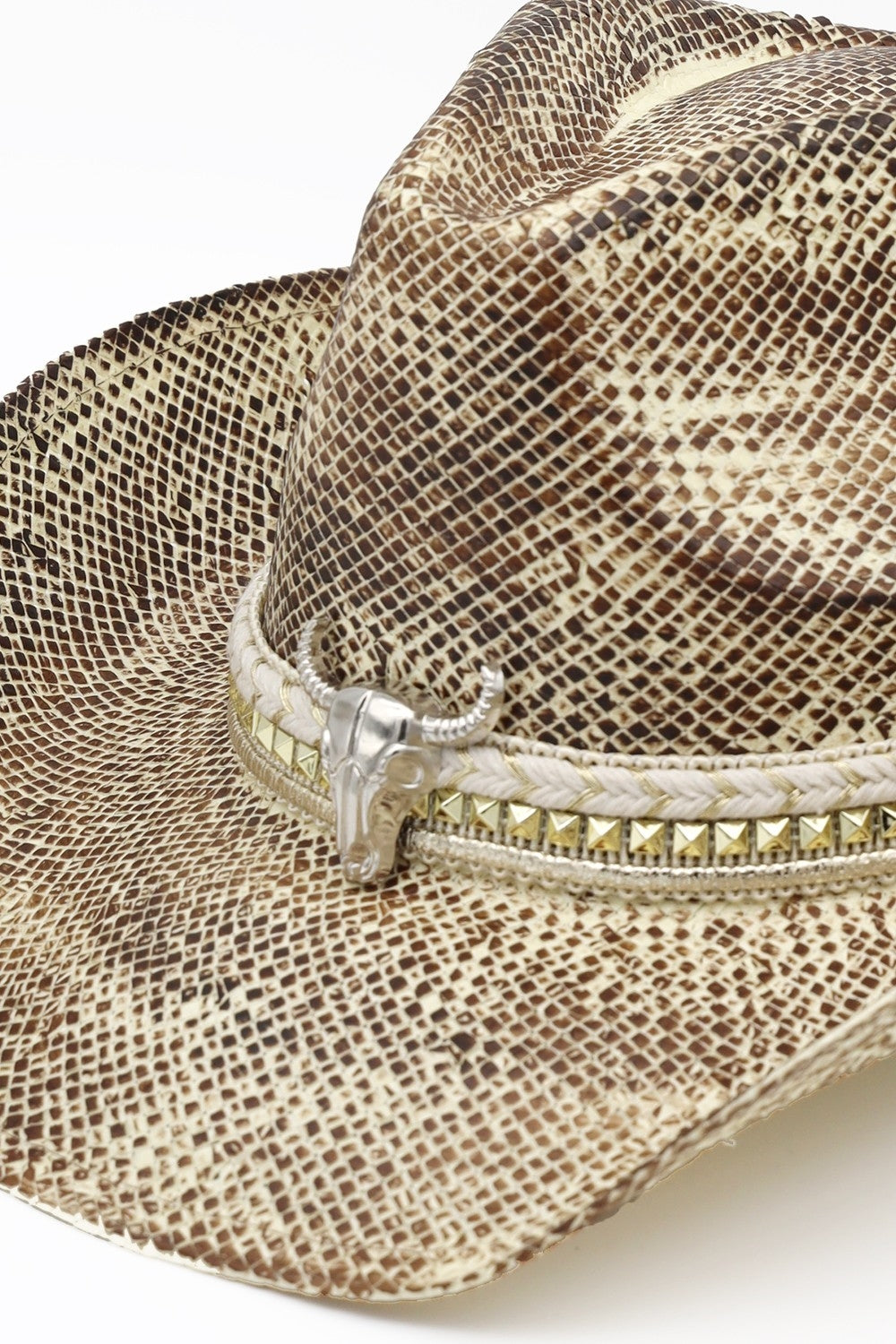 Handmade Vintage Cowboy Hat With Silver Bull Head And Multiple Bands