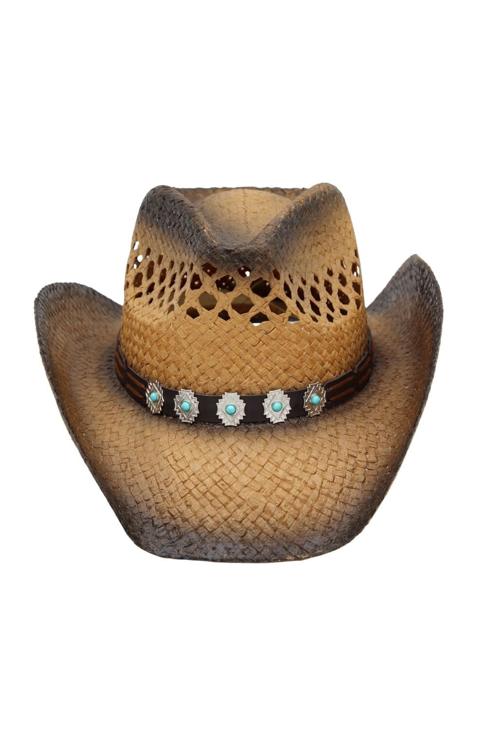 Aged Look Two Tone Cowboy Hat With Turquoise Stone On Faux Leather Band