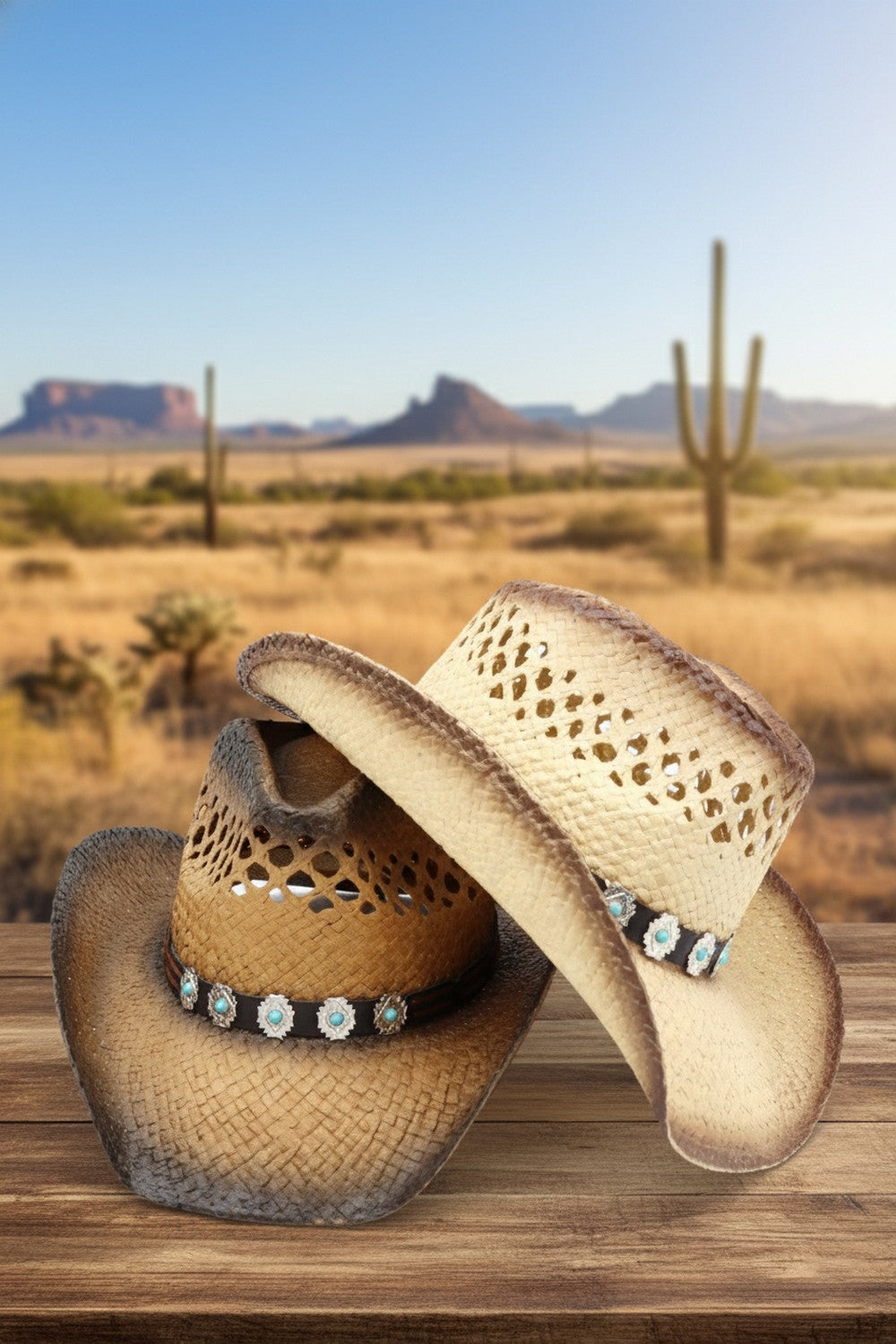 Aged Look Two Tone Cowboy Hat With Turquoise Stone On Faux Leather Band