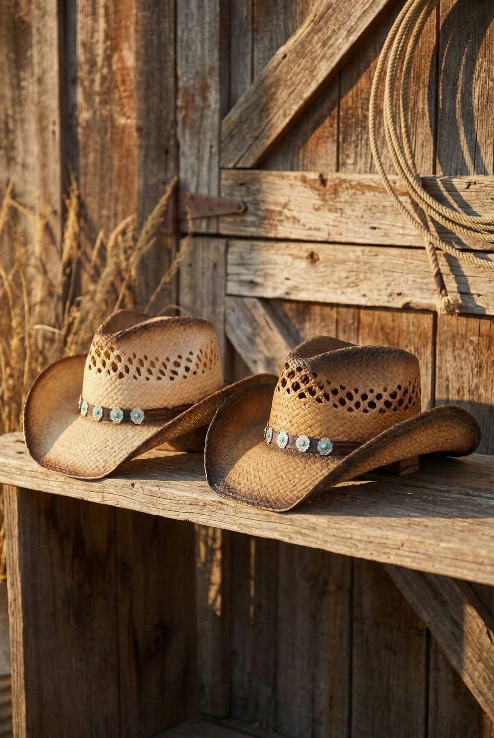 Aged Look Two Tone Cowboy Hat With Turquoise Stone On Faux Leather Band