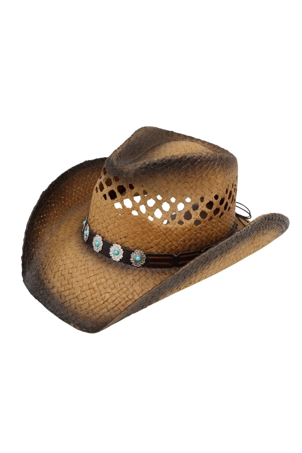 Aged Look Two Tone Cowboy Hat With Turquoise Stone On Faux Leather Band
