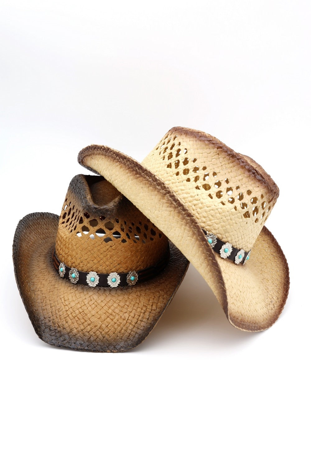 Aged Look Two Tone Cowboy Hat With Turquoise Stone On Faux Leather Band