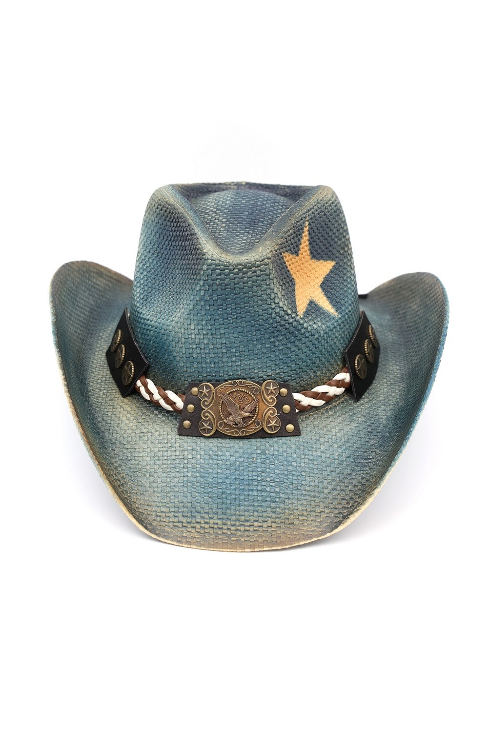 Distressed Cowboy Hat With Brass Cplored Eagle Buckle, Braided Rope And Stars