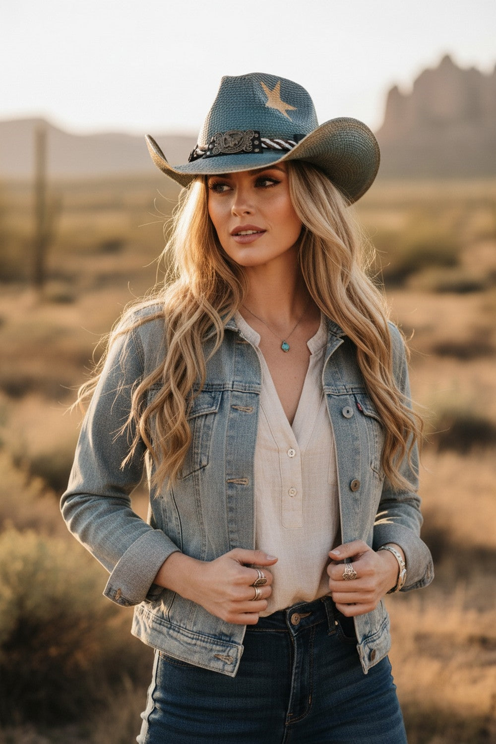 Distressed Cowboy Hat With Brass Cplored Eagle Buckle, Braided Rope And Stars