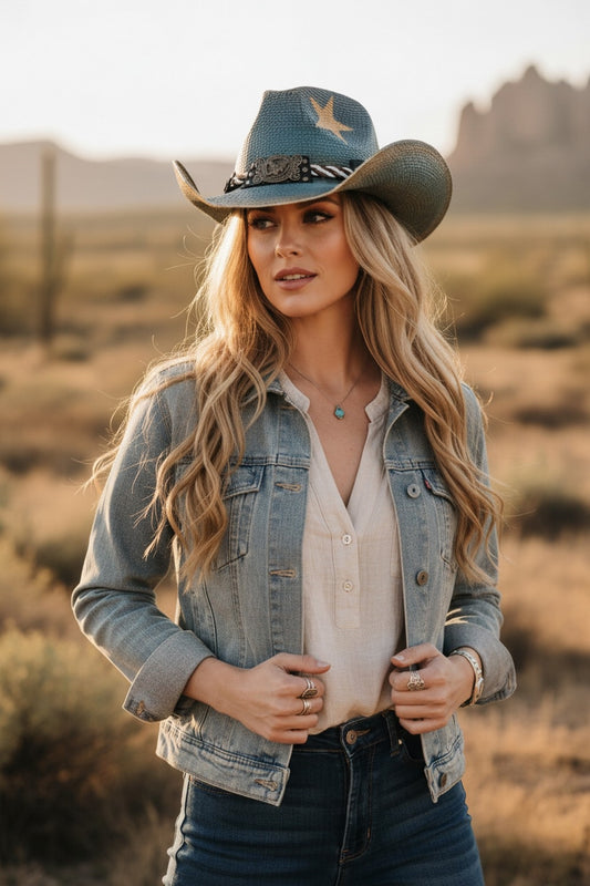 Distressed Cowboy Hat With Brass Cplored Eagle Buckle, Braided Rope And Stars