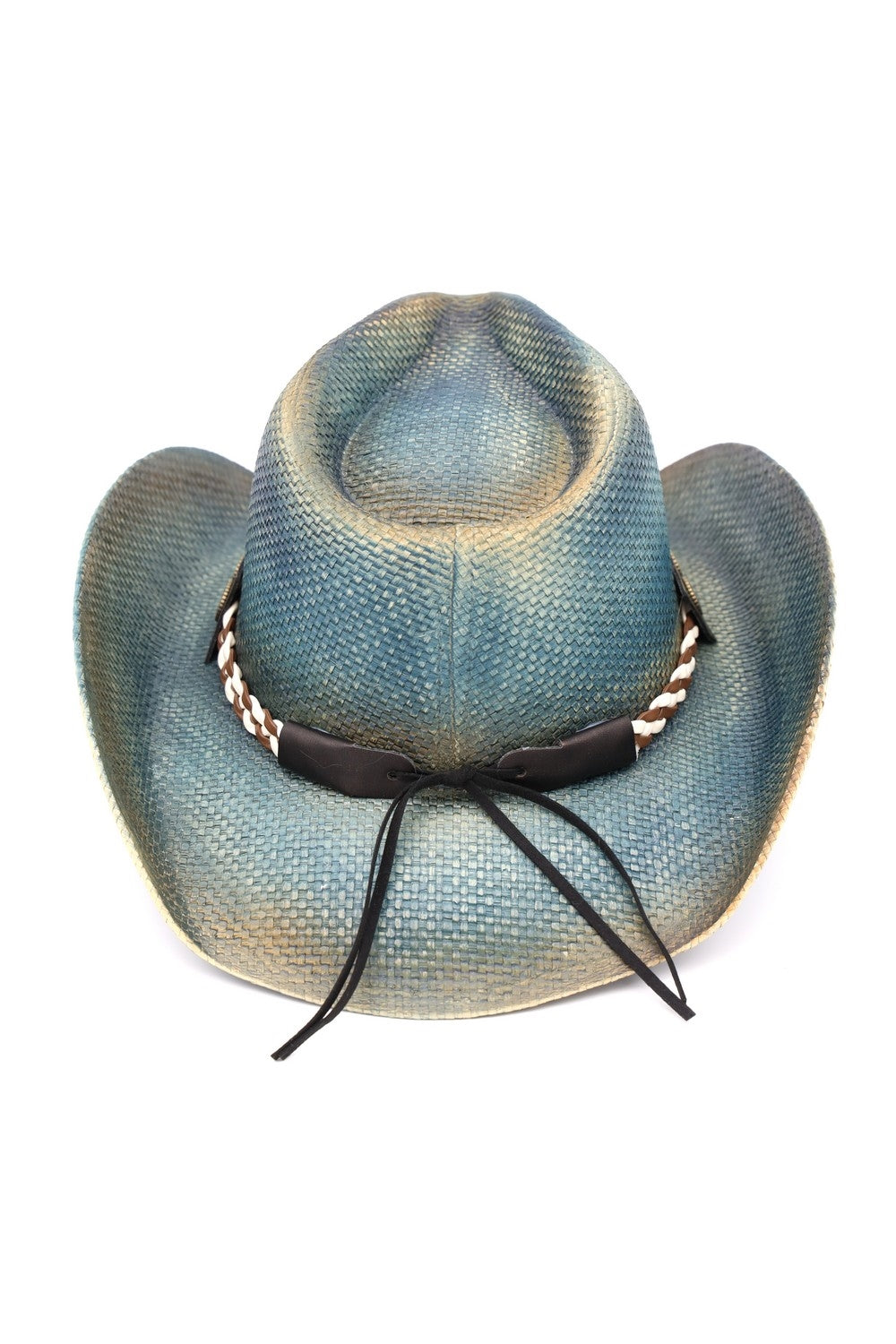 Distressed Cowboy Hat With Brass Cplored Eagle Buckle, Braided Rope And Stars