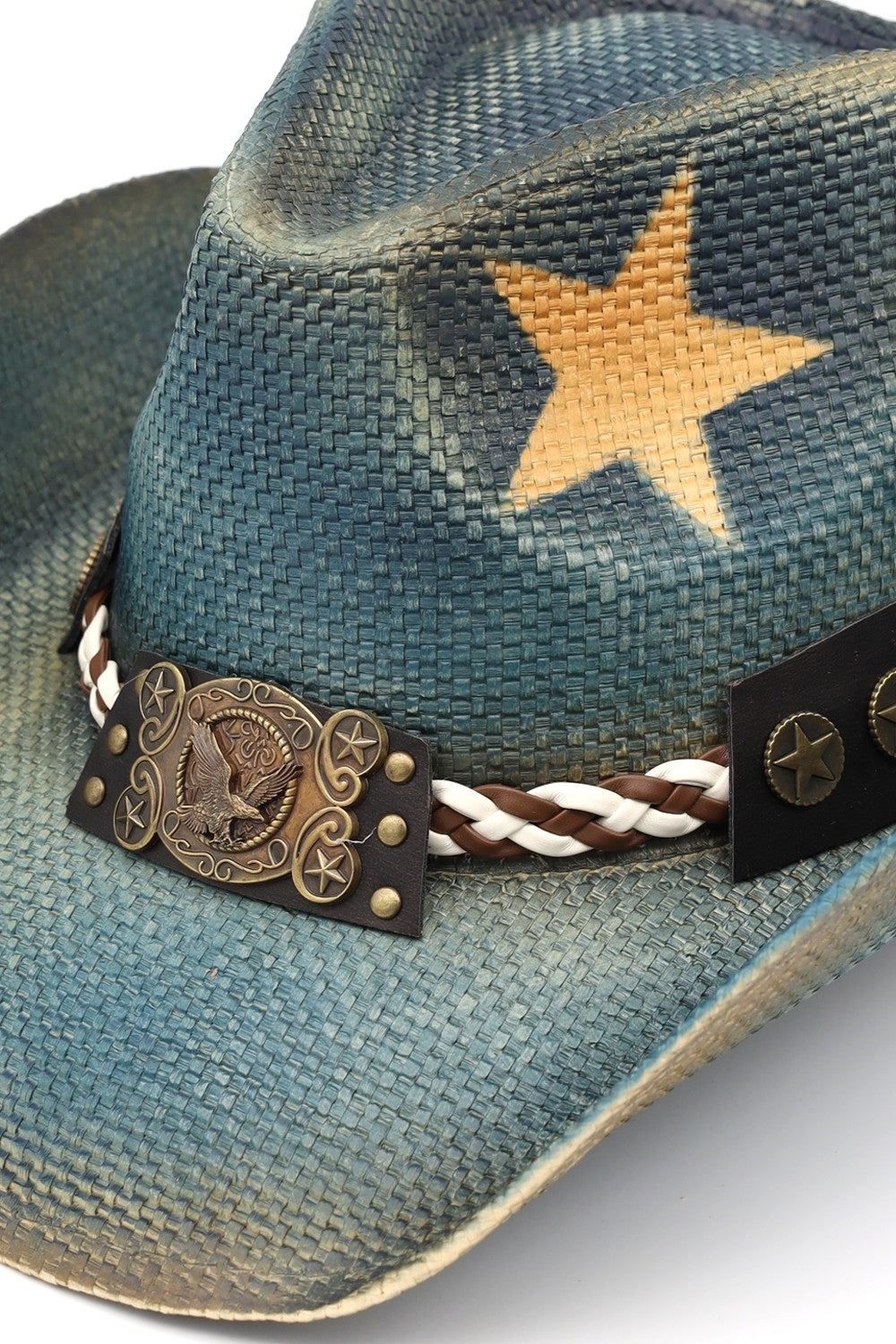 Distressed Cowboy Hat With Brass Cplored Eagle Buckle, Braided Rope And Stars