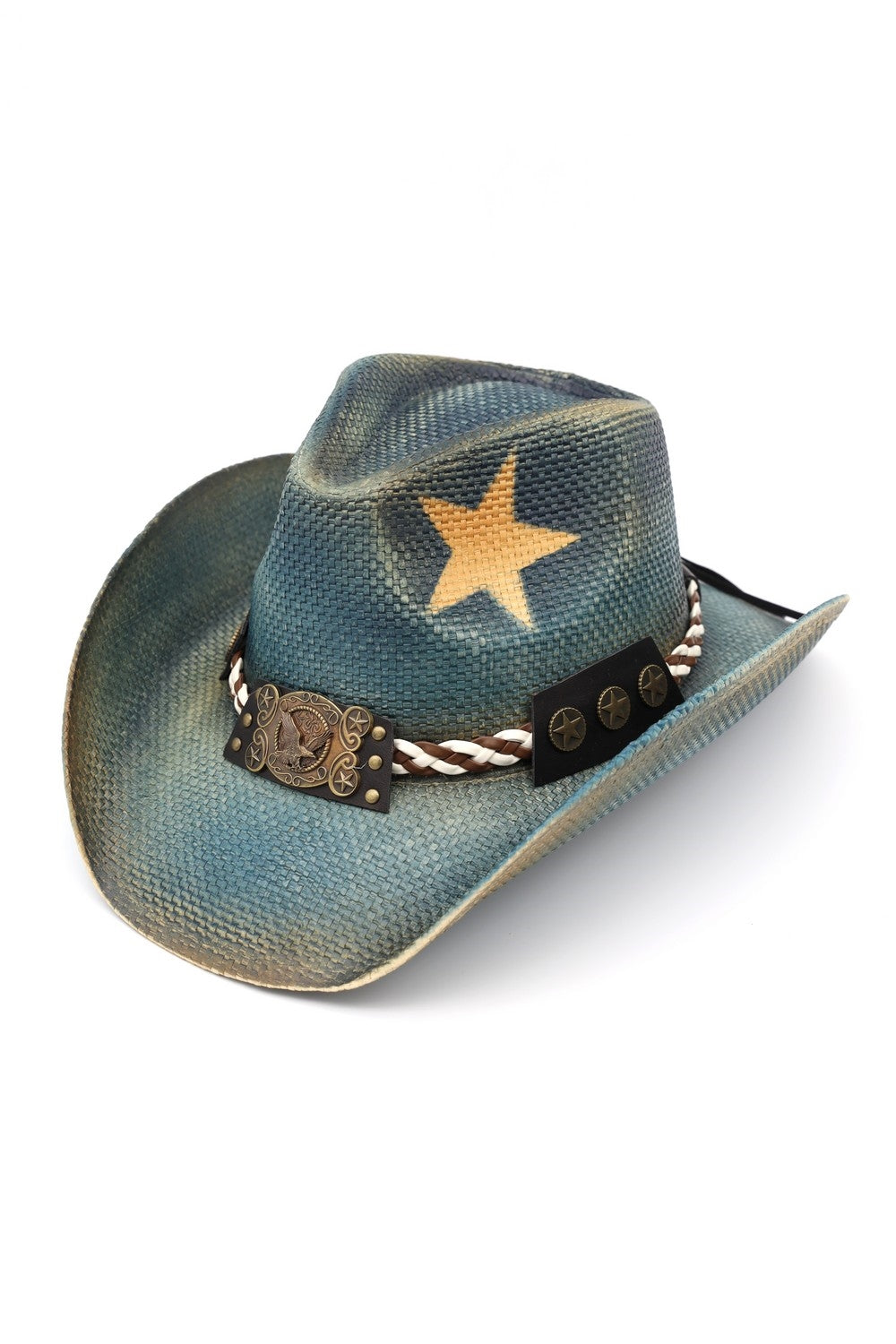 Distressed Cowboy Hat With Brass Cplored Eagle Buckle, Braided Rope And Stars