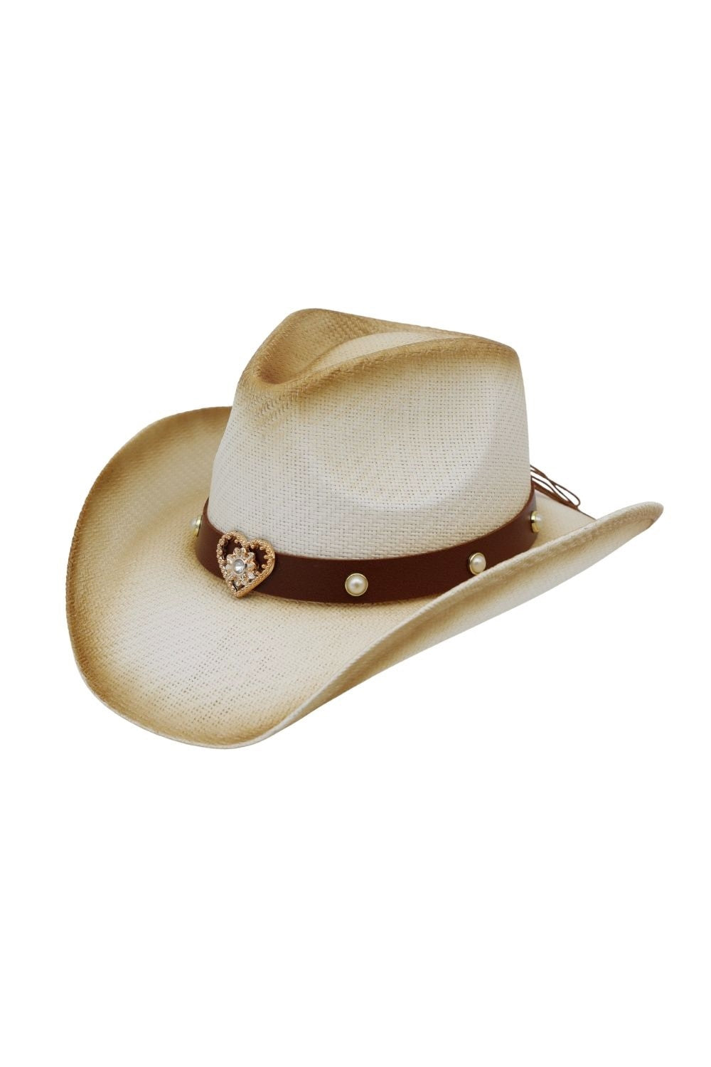 Aged Look, Two-Tone Cowboy Hat With Golden Heart And Faux Pearl Studs