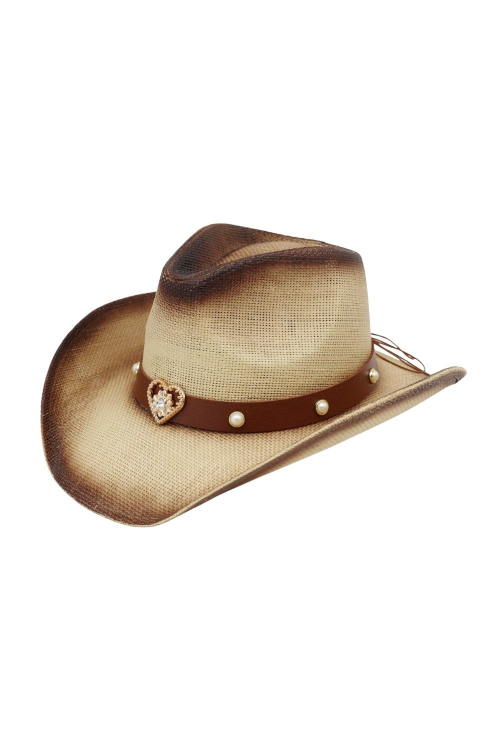 Aged Look, Two-Tone Cowboy Hat With Golden Heart And Faux Pearl Studs