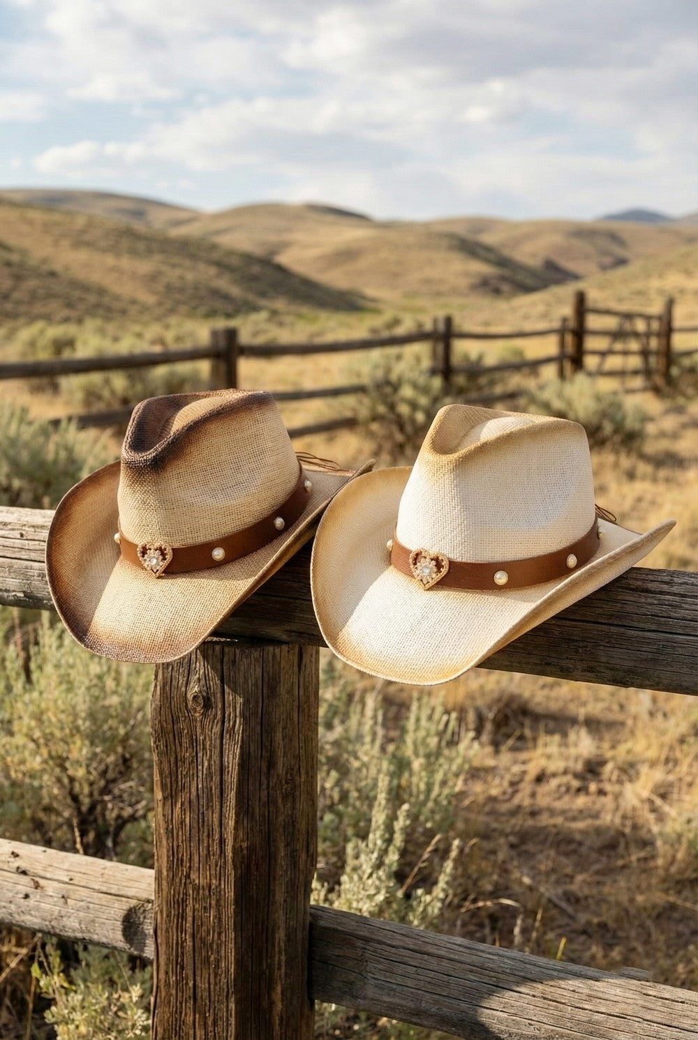 Aged Look, Two-Tone Cowboy Hat With Golden Heart And Faux Pearl Studs