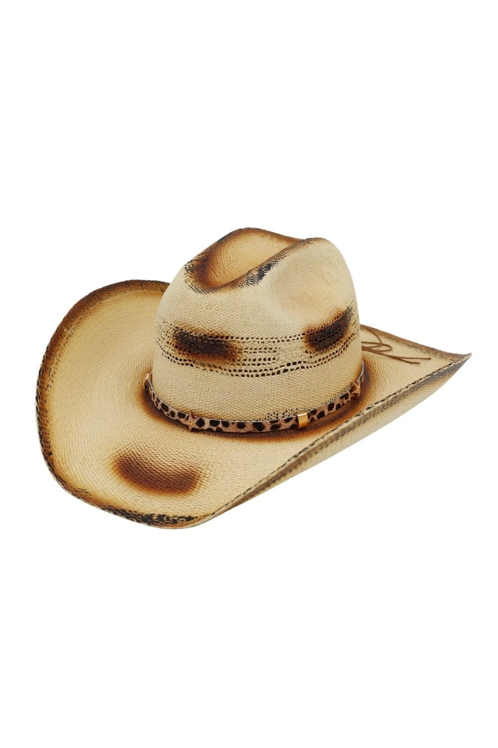Distressed Two Tone Cowboy Hat With Leopard Printed Band With Stars