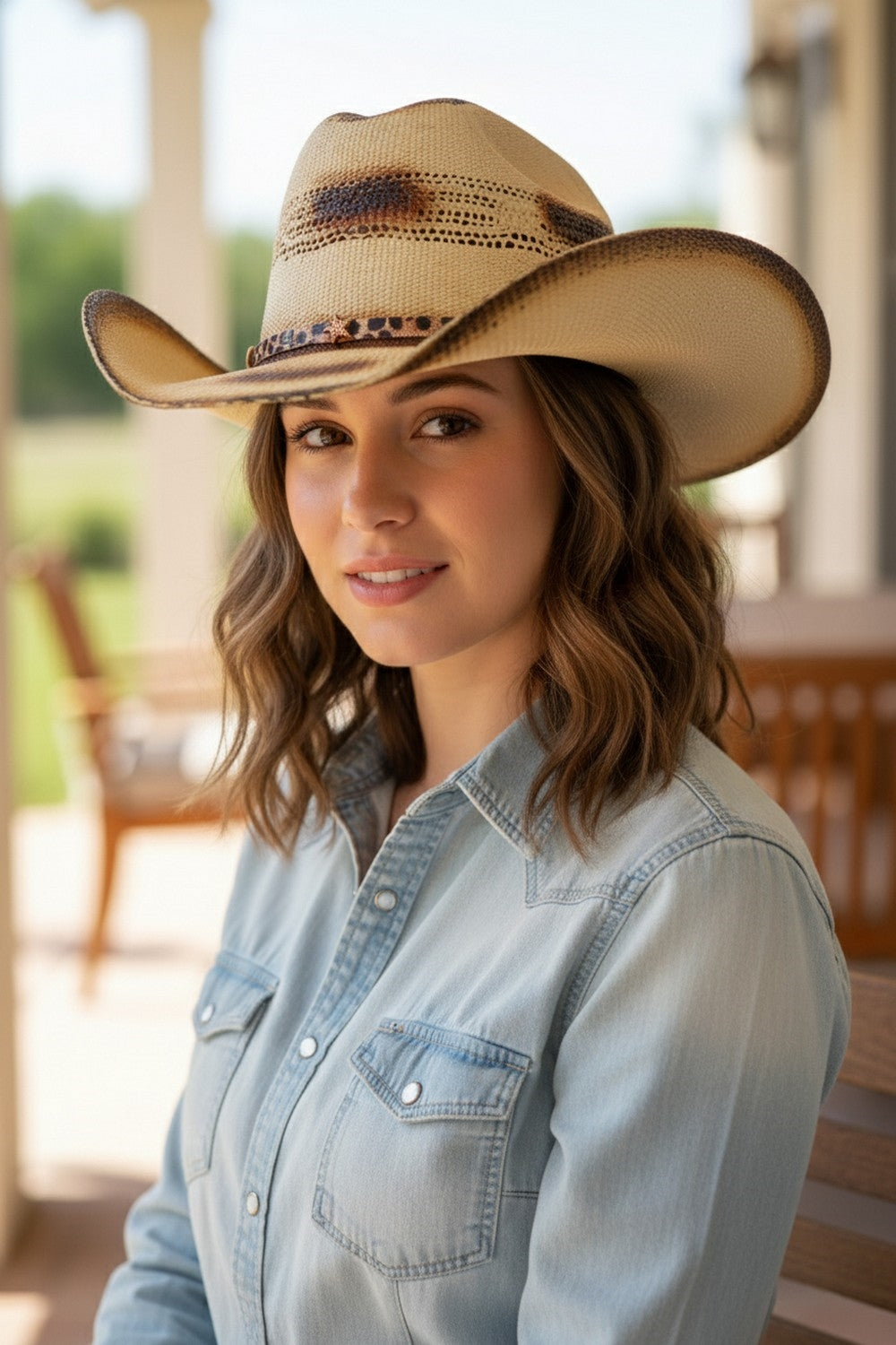 Distressed Two Tone Cowboy Hat With Leopard Printed Band With Stars