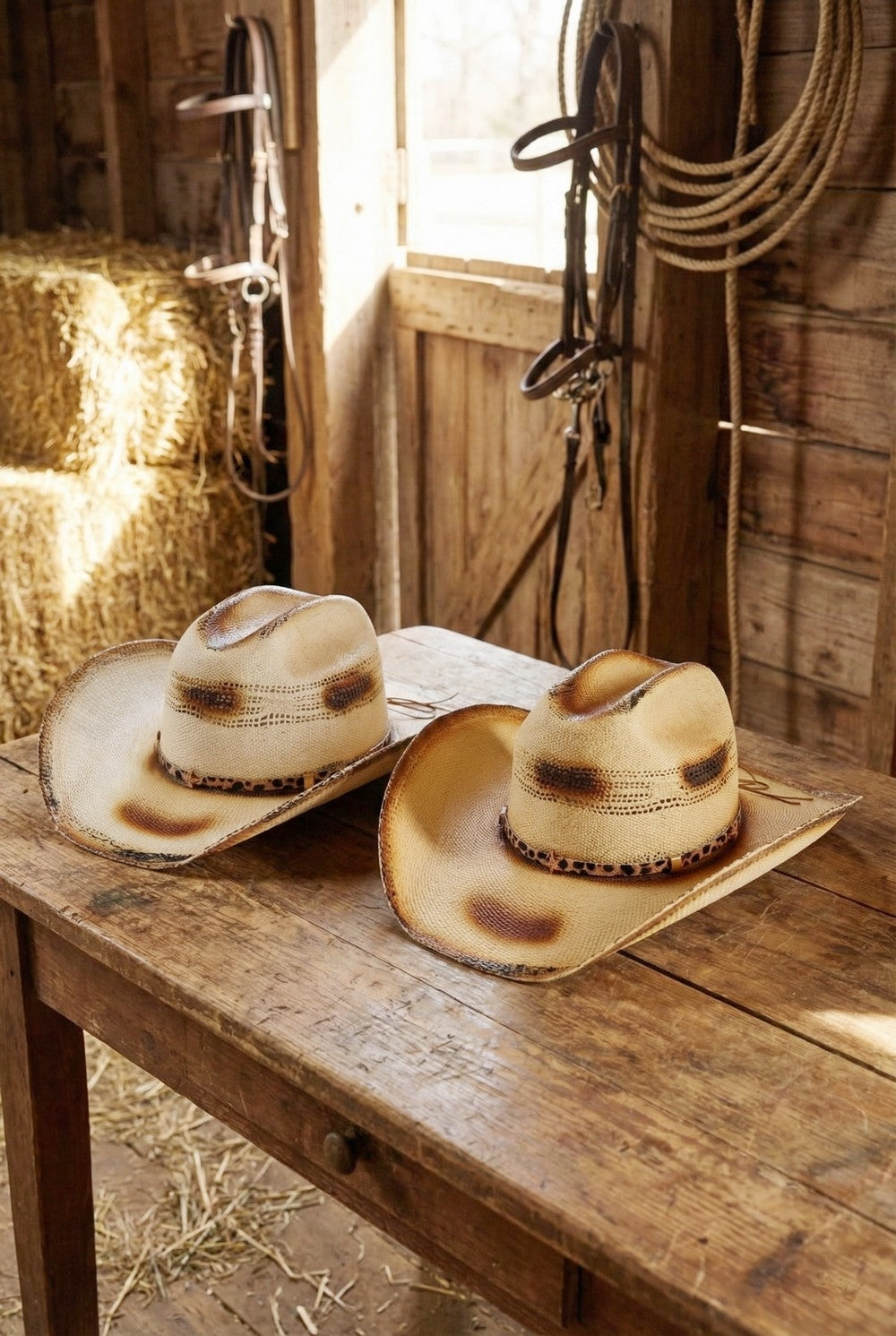 Distressed Two Tone Cowboy Hat With Leopard Printed Band With Stars
