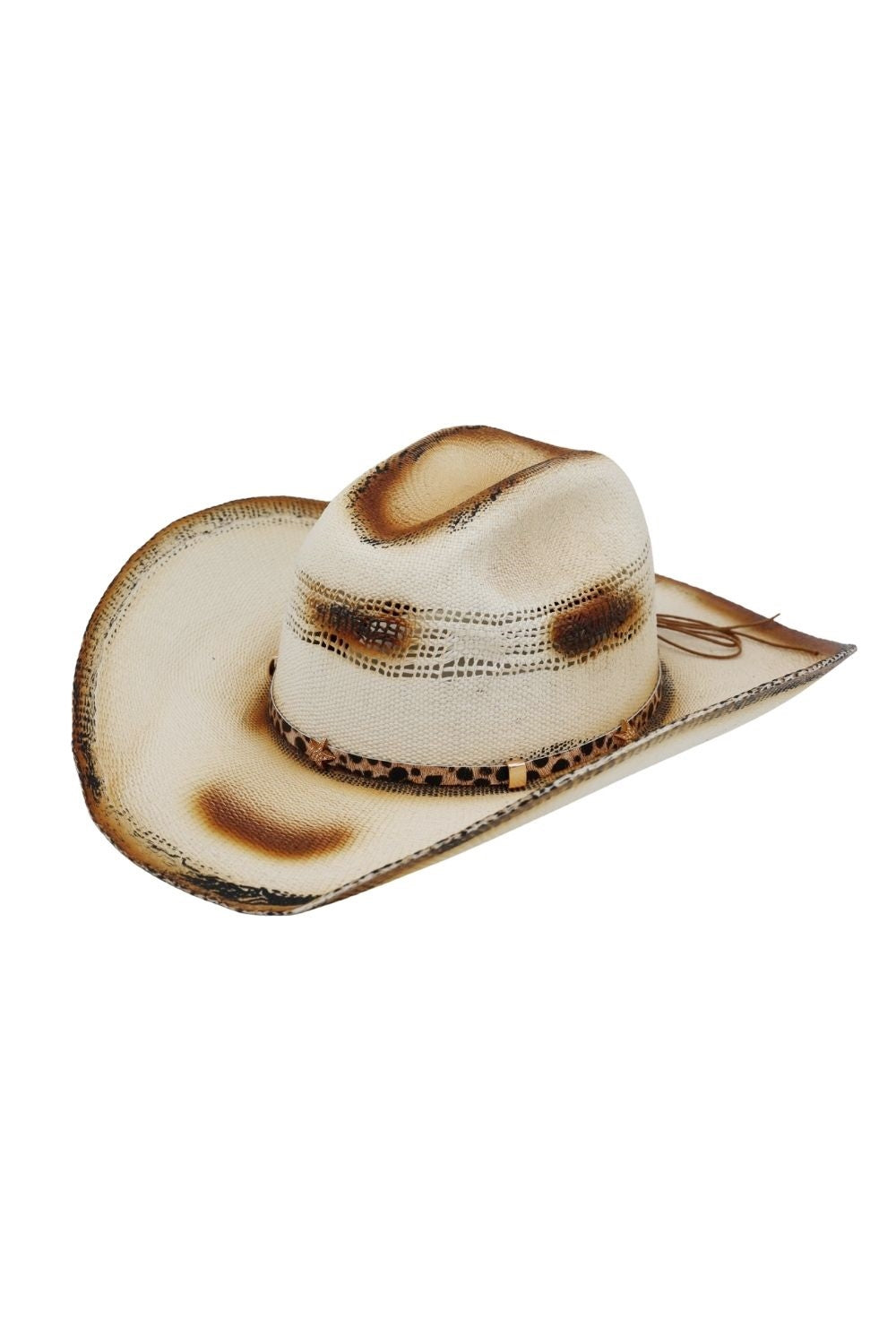 Distressed Two Tone Cowboy Hat With Leopard Printed Band With Stars