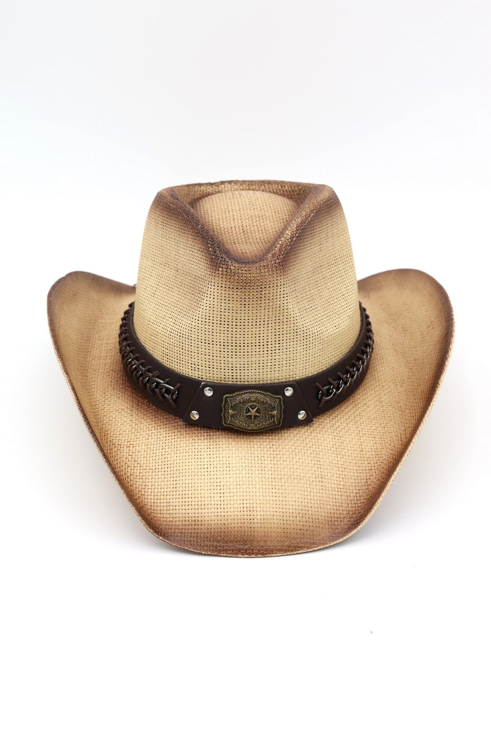 Rustic Cowboy Hat With Chain And Concho Detail Faux Leather Band