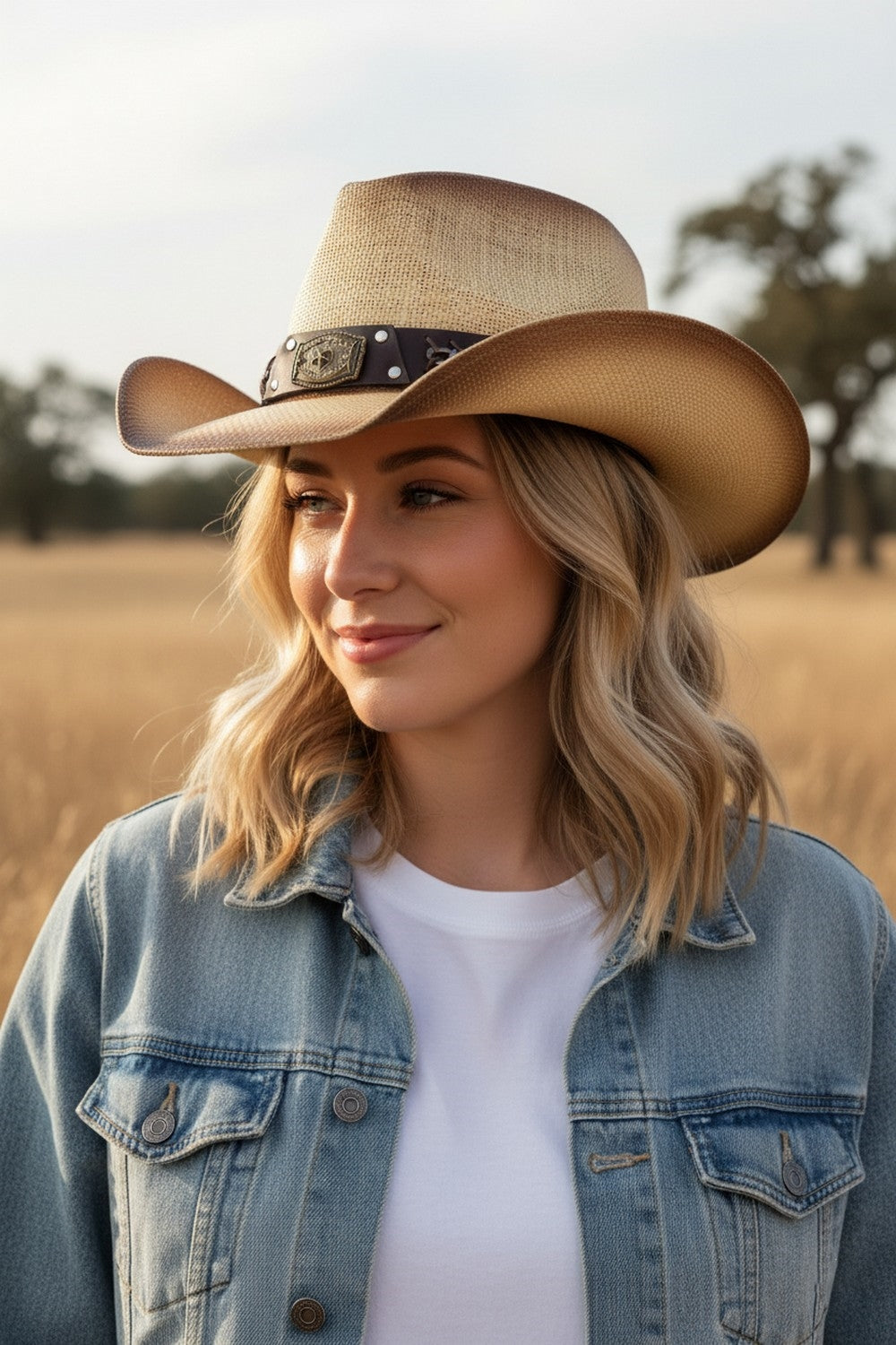 Rustic Cowboy Hat With Chain And Concho Detail Faux Leather Band