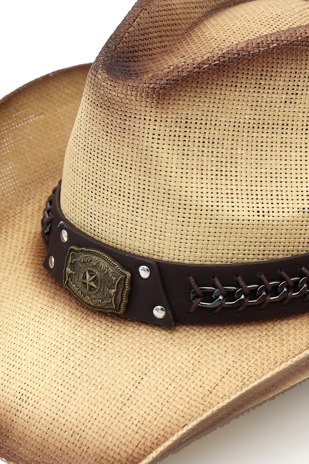 Rustic Cowboy Hat With Chain And Concho Detail Faux Leather Band
