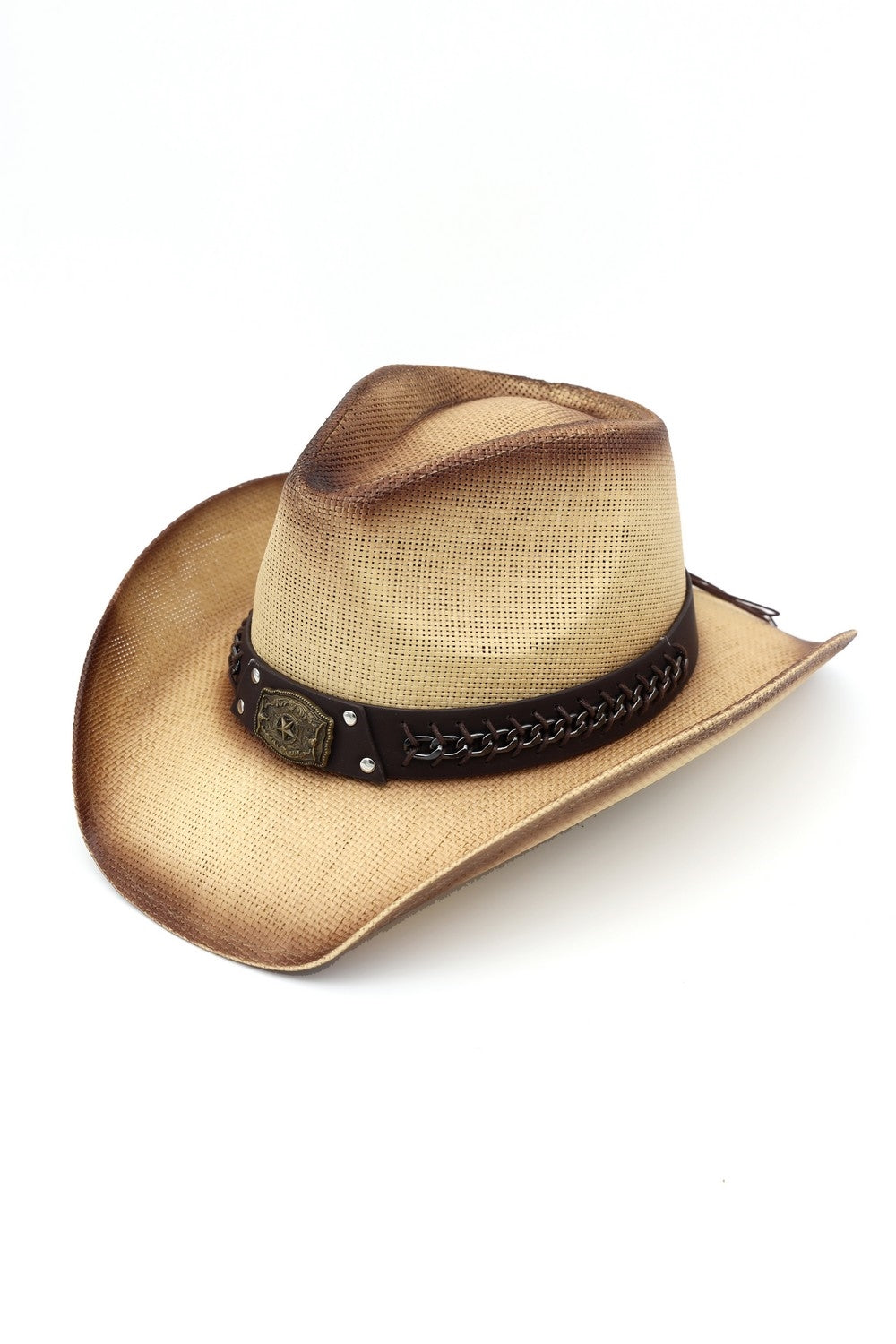 Rustic Cowboy Hat With Chain And Concho Detail Faux Leather Band