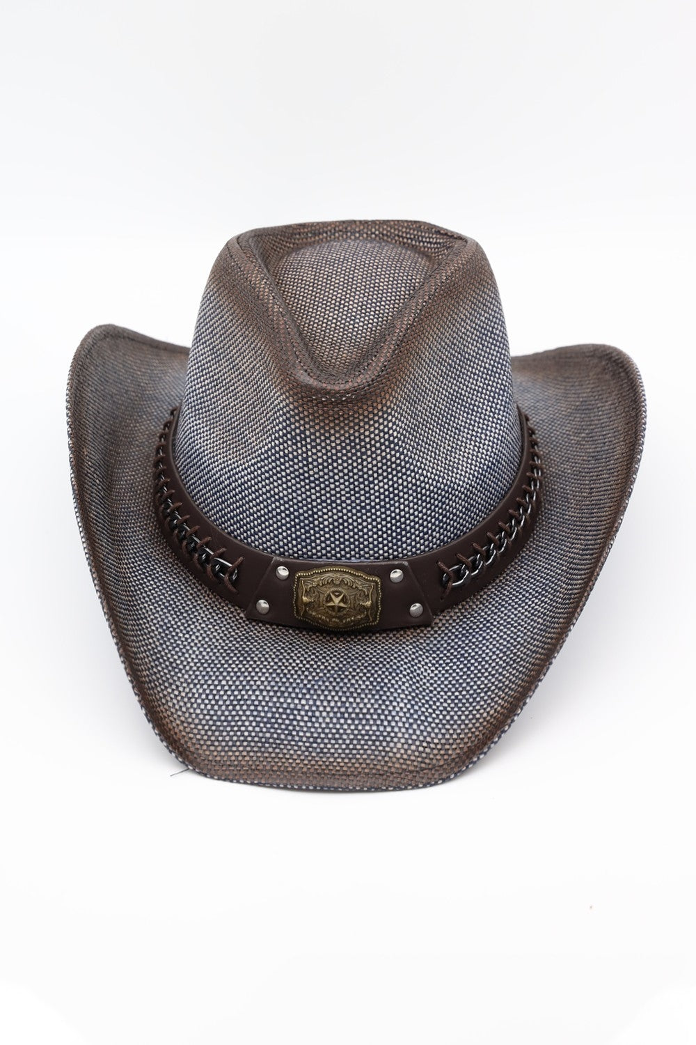 Rustic Cowboy Hat With Chain And Concho Detail Faux Leather Band