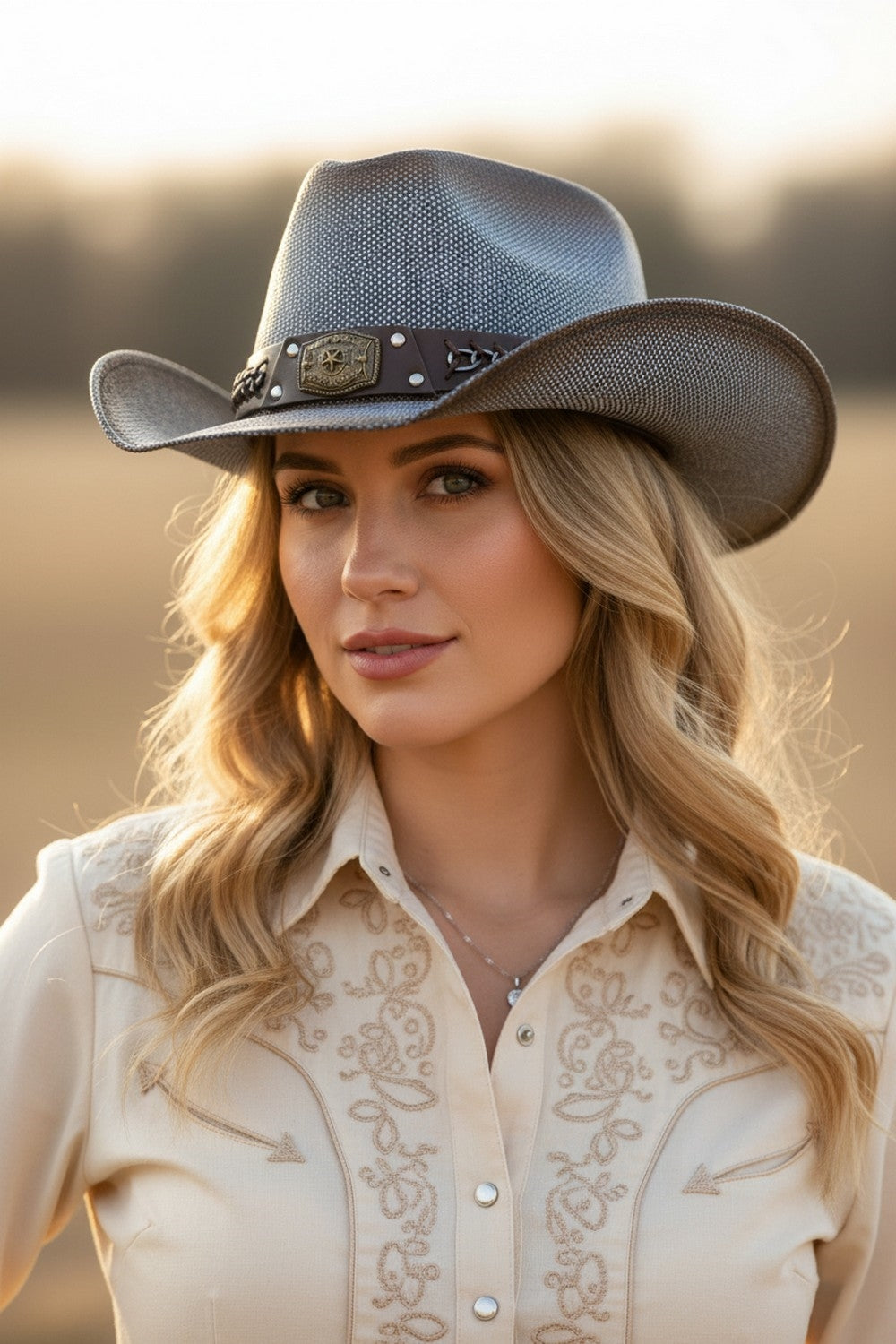 Rustic Cowboy Hat With Chain And Concho Detail Faux Leather Band