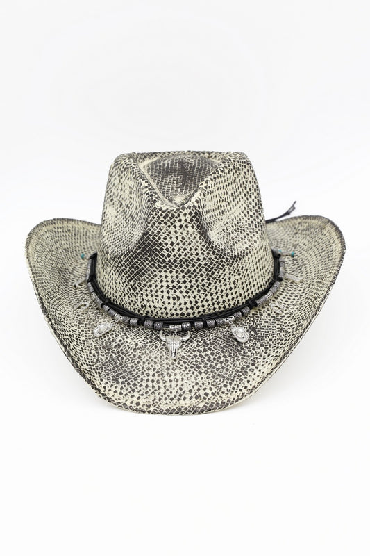 Handmade Vintage Cowboy Hat With Western Bull Head, Hat,  Horsehoe, Boot, Catcus Charms