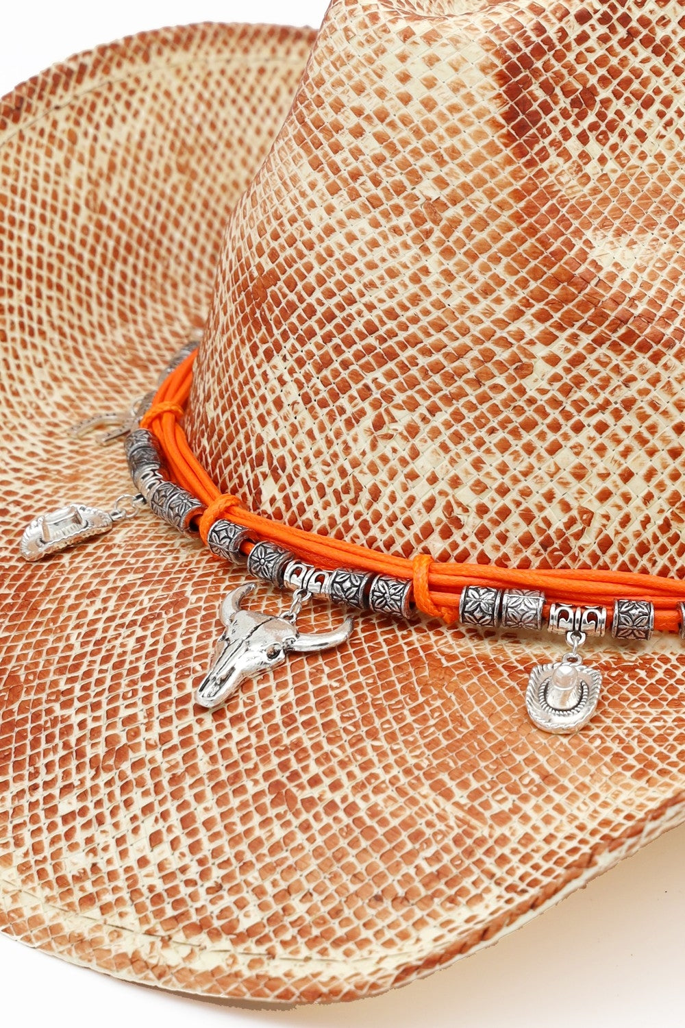 Handmade Vintage Cowboy Hat With Western Bull Head, Hat,  Horsehoe, Boot, Catcus Charms