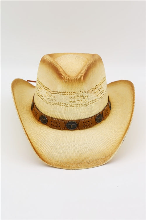 Aged Look, Straw Cowboy Hat With Suede Stitched Details And Steer Head Conchos